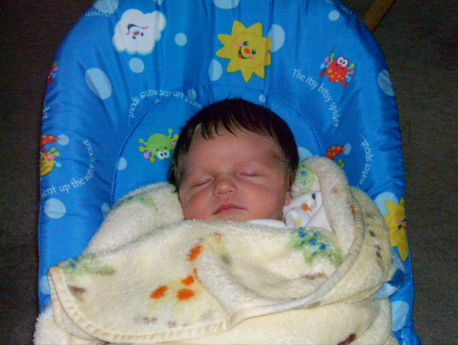 In bouncy chair, with snuggly blanket